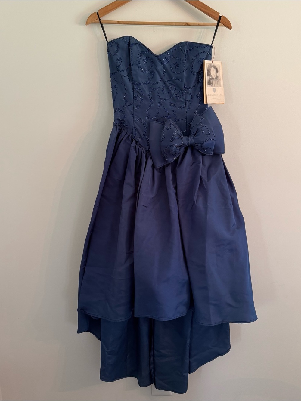 Vintage Gunne Sax Headstock Blue Prom Dress High Low Bow Retro Strapless Sparkly